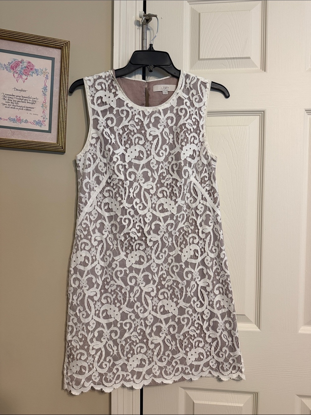 LOFT White Lace Overlay Dress with Neutral Lining